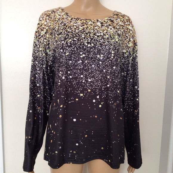 New! JFN Black and Gold Confetti Print Long-Sleeve Tee - Medium 8-10 US - Picture 1 of 4